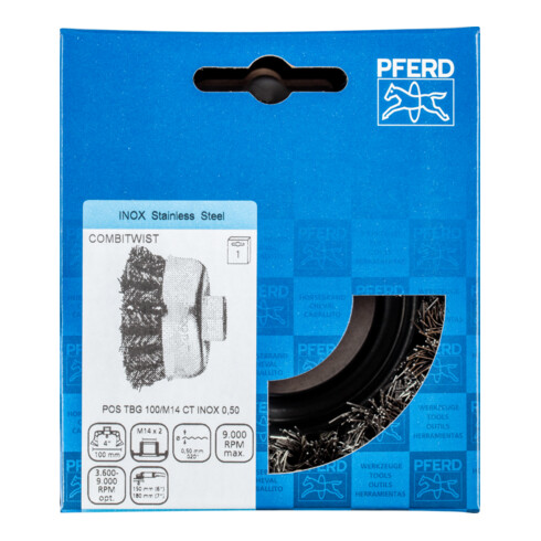 PFERD TOOLS COMBITWIST Topfbürste gezopft TBG Ø 100mm M14 Edelstahl-Draht-Ø 0,50mm Winkelschleifer