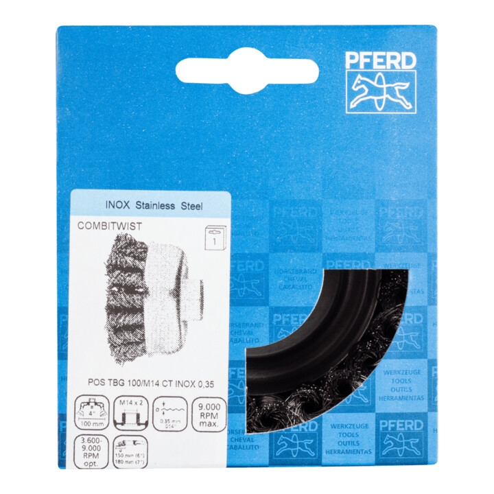 PFERD TOOLS COMBITWIST Topfbürste gezopft TBG Ø 100mm M14 Edelstahl-Draht-Ø 0,35 mm Winkelschleifer