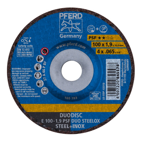PFERD TOOLS DUODISC Trenn-/Schleif. E 100x1,9x16 mm gekr. Uni.-Linie PSF DUO STEELOX f. Stahl/Edelstahl