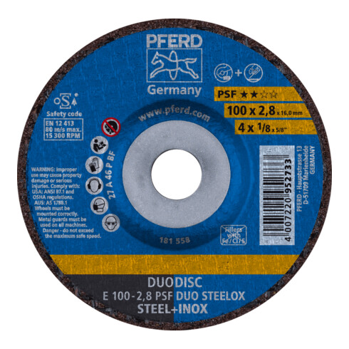 PFERD TOOLS DUODISC Trenn-/Schleif. E 100x2,8x16 mm gekr. Uni.-Linie PSF DUO STEELOX f. Stahl/Edelstahl
