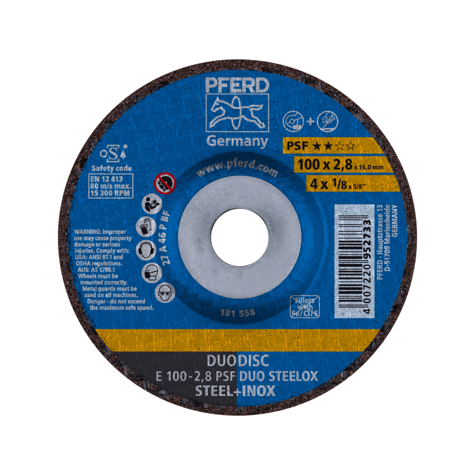PFERD TOOLS DUODISC Trenn-/Schleif. E 100x2,8x16 mm gekr. Uni.-Linie PSF DUO STEELOX f. Stahl/Edelstahl