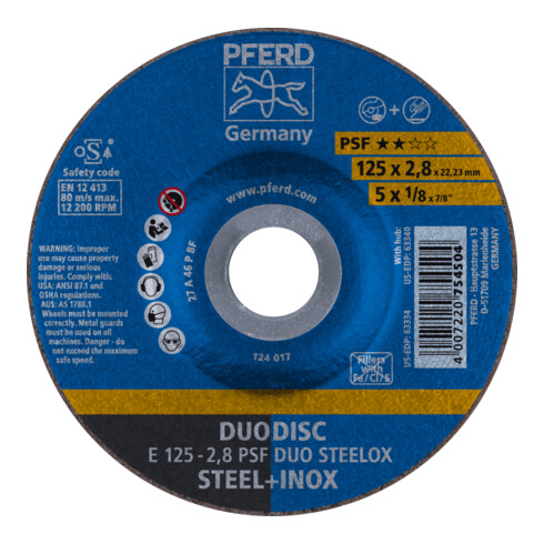 PFERD TOOLS DUODISC Trenn-/Schleif. E 125x2,8x22,23 mm gekr. Uni.-Linie PSF DUO STEELOX f. Stahl/VA