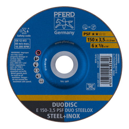 PFERD TOOLS DUODISC Trenn-/Schleif. E 150x3,5x22,23 mm gekr. Uni.-Linie PSF DUO STEELOX f. Stahl/VA