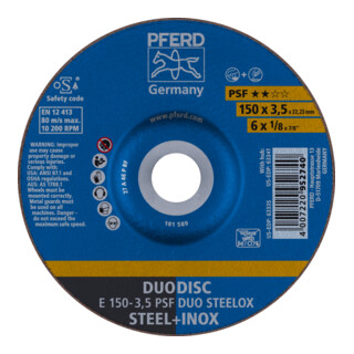 PFERD TOOLS DUODISC Trenn-/Schleif. E 150x3,5x22,23 mm gekr. Uni.-Linie PSF DUO STEELOX f. Stahl/VA