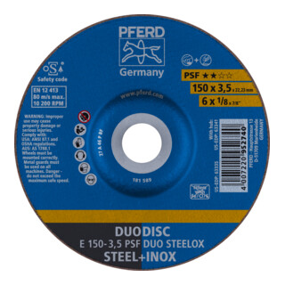 PFERD TOOLS DUODISC Trenn-/Schleif. E 150x3,5x22,23 mm gekr. Uni.-Linie PSF DUO STEELOX f. Stahl/VA