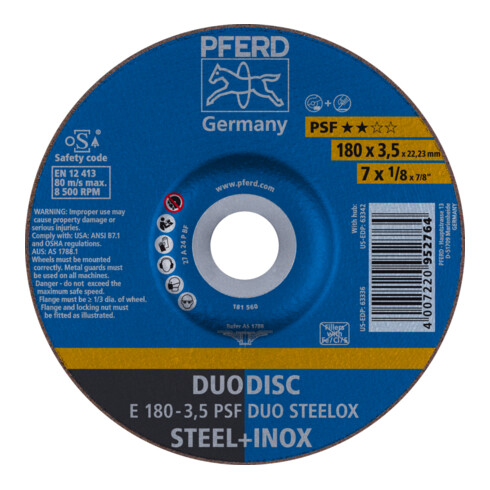 PFERD TOOLS DUODISC Trenn-/Schleif. E 180x3,5x22,23 mm gekr. Uni.-Linie PSF DUO STEELOX f. Stahl/VA
