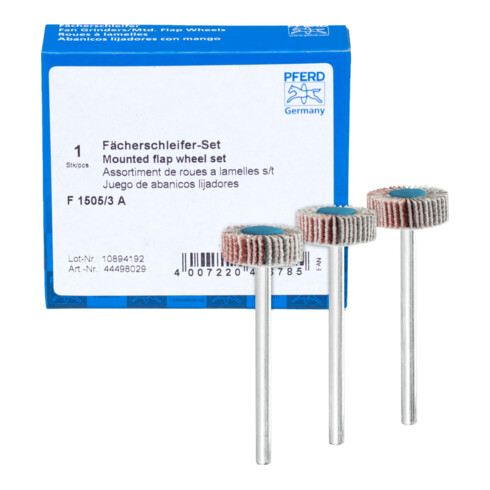 PFERD TOOLS Fächerschleifer-Set Korund Ø15x5mm Schaft-Ø3mm A 80,120 und 180 für Feinschliff& Finish