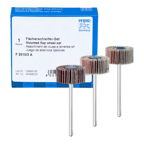 PFERD TOOLS Fächerschleifer-Set Korund Ø20x10mm Schaft-Ø3mm A 80,120 und 180 für Feinschliff& Finish