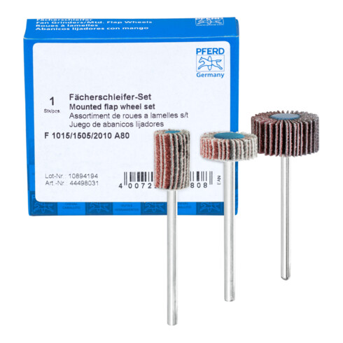 PFERD TOOLS Fächerschleifer-Set Korund A 80 Ø10x15mm, Ø15x5mm und Ø20x10mm Schaft-Ø3mm für Feinschliff& Finish