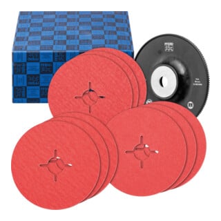PFERD TOOLS Fiberscheiben-Set 10-tlg. Keramikkorn Ø 125 mm CO-COOL36,60,80 mit HGT-Stützteller Edelstahl