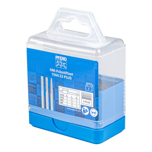 PFERD TOOLS Hartmetall Kleinfrässtift Set 1504 Zahnung 3 PLUS 3-tlg. Ø 3mm Schaft-Ø 3mm universal mittel kreuzverzahnt