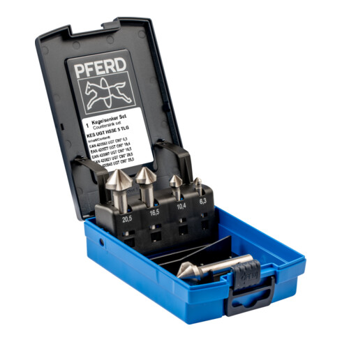 PFERD TOOLS HSSE-Kegelsenker-Set UGT 5-tlg. DIN 335 C 90° Ausführung Co5 mit Ungleichteilung