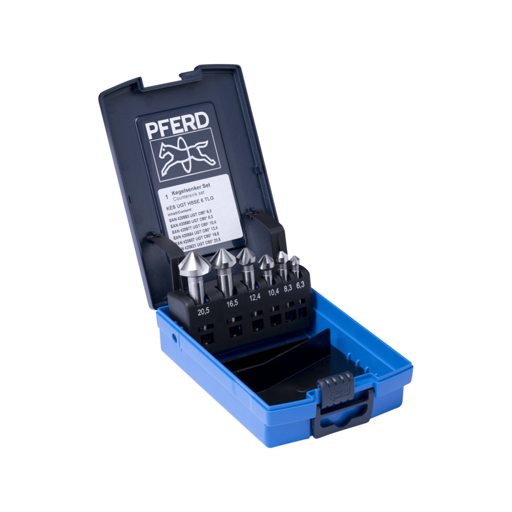 PFERD TOOLS HSSE-Kegelsenker-Set UGT 6-tlg. DIN 335 C 90° Ausführung Co5 mit Ungleichteilung