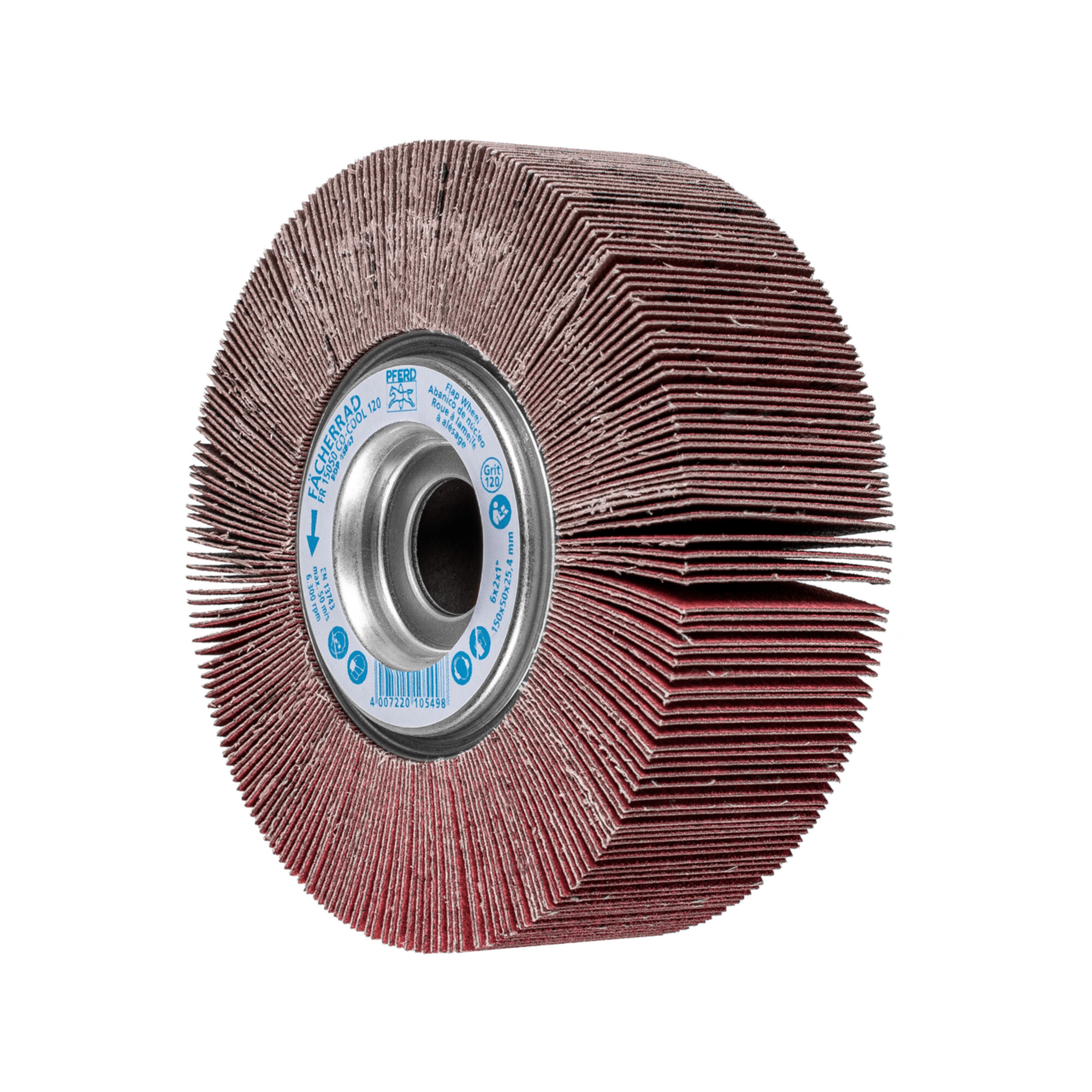 PFERD TOOLS Lamellenschleifrad FR Ø 150x50mm Bohrung Ø 25,4 mm CO-COOL120 für kühlen Schliff auf Edelstahl