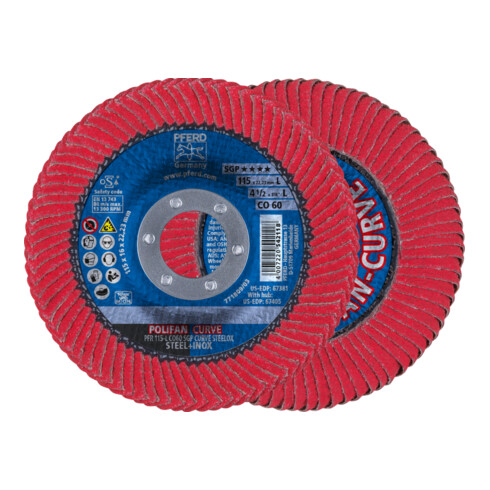 PFERD TOOLS POLIFAN CURVE Fächerscheibe PFR 115x22,23 mm Breite L CO60 SGP STEELOX für Stahl/Edelstahl
