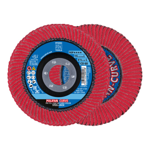 PFERD TOOLS POLIFAN CURVE Fächerscheibe PFR 115x22,23 mm Breite L CO60 SGP STEELOX für Stahl/Edelstahl