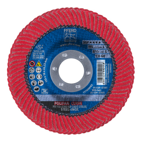PFERD TOOLS POLIFAN CURVE Fächerscheibe PFR 115x22,23 mm Breite L CO60 SGP STEELOX für Stahl/Edelstahl