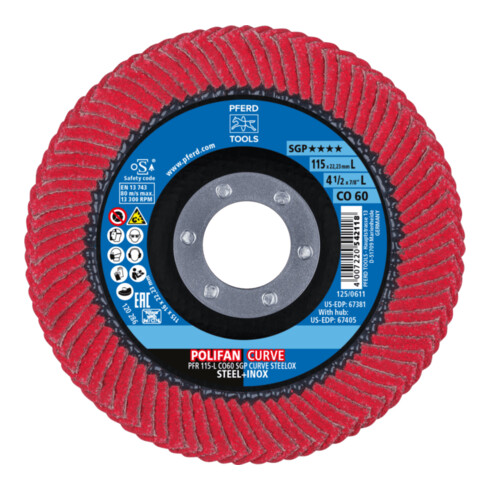 PFERD TOOLS POLIFAN CURVE Fächerscheibe PFR 115x22,23 mm Breite L CO60 SGP STEELOX für Stahl/Edelstahl
