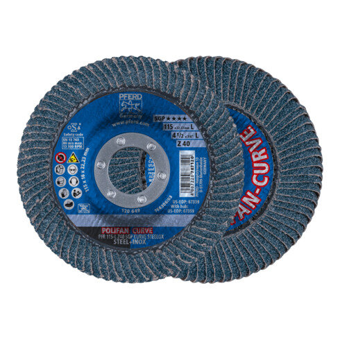 PFERD TOOLS POLIFAN CURVE Fächerscheibe PFR 115x22,23 mm Breite L Z40 SGP STEELOX für Stahl/Edelstahl