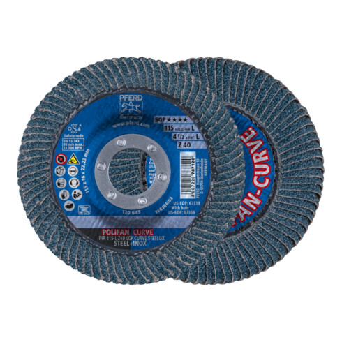 PFERD TOOLS POLIFAN CURVE Fächerscheibe PFR 115x22,23 mm Breite L Z40 SGP STEELOX für Stahl/Edelstahl