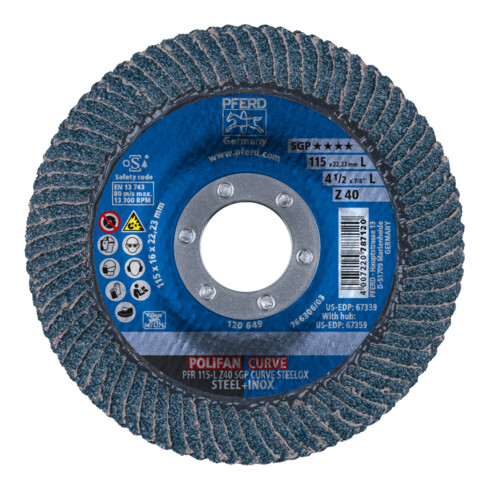 PFERD TOOLS POLIFAN CURVE Fächerscheibe PFR 115x22,23 mm Breite L Z40 SGP STEELOX für Stahl/Edelstahl