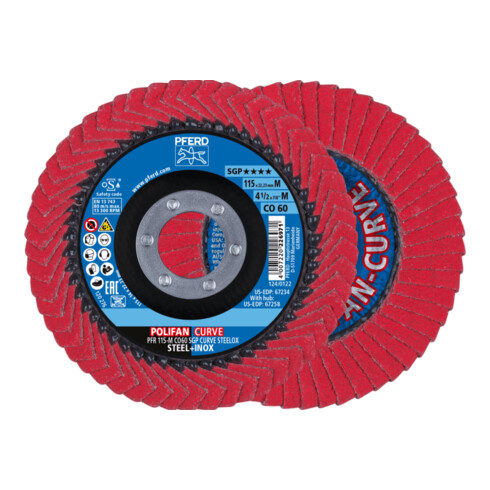 PFERD TOOLS POLIFAN CURVE Fächerscheibe PFR 115x22,23 mm Breite M CO60 SGP STEELOX für Stahl/Edelstahl