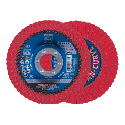 PFERD TOOLS POLIFAN CURVE Fächerscheibe PFR 115x22,23 mm Breite M CO60 SGP STEELOX für Stahl/Edelstahl