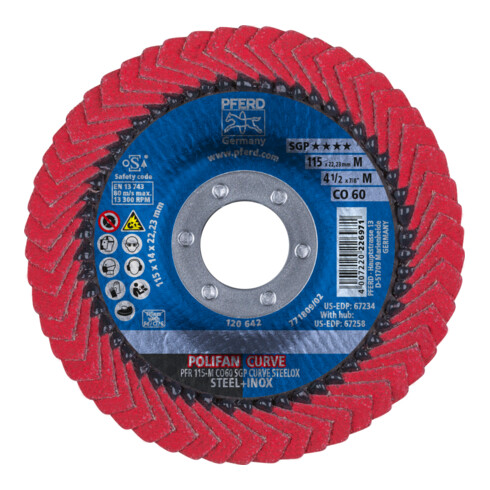 PFERD TOOLS POLIFAN CURVE Fächerscheibe PFR 115x22,23 mm Breite M CO60 SGP STEELOX für Stahl/Edelstahl