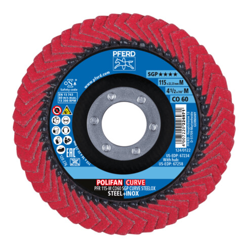 PFERD TOOLS POLIFAN CURVE Fächerscheibe PFR 115x22,23 mm Breite M CO60 SGP STEELOX für Stahl/Edelstahl