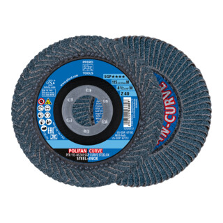 PFERD TOOLS POLIFAN CURVE Fächerscheibe PFR 115x22,23 mm Breite M Z40 SGP STEELOX für Stahl/Edelstahl