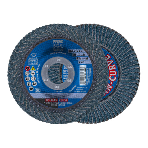 PFERD TOOLS POLIFAN CURVE Fächerscheibe PFR 115x22,23 mm Breite M Z40 SGP STEELOX für Stahl/Edelstahl