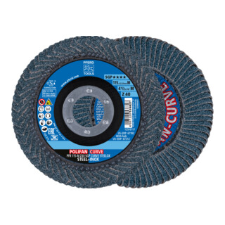 PFERD TOOLS POLIFAN CURVE Fächerscheibe PFR 115x22,23 mm Breite M Z40 SGP STEELOX für Stahl/Edelstahl