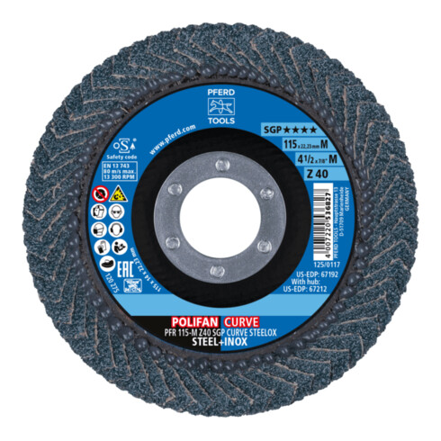 PFERD TOOLS POLIFAN CURVE Fächerscheibe PFR 115x22,23 mm Breite M Z40 SGP STEELOX für Stahl/Edelstahl