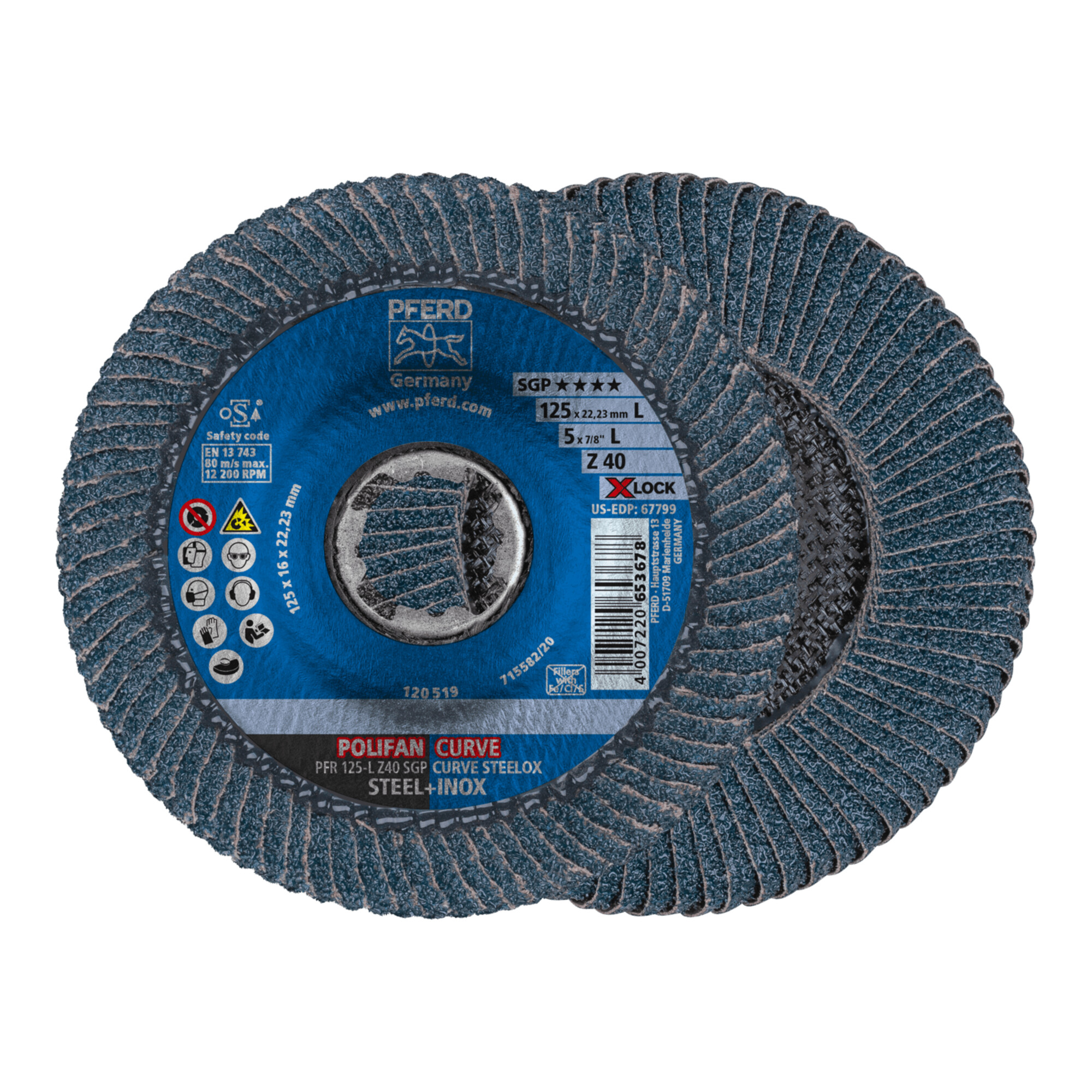 PFERD TOOLS POLIFAN CURVE Fächerscheibe PFR 125 mm X-LOCK Breite L Z40 SGP STEELOX für Stahl/Edelstahl