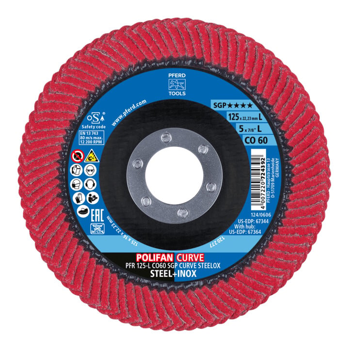 PFERD TOOLS POLIFAN CURVE Fächerscheibe PFR 125x22,23 mm Breite L CO60 SGP STEELOX für Stahl/Edelstahl