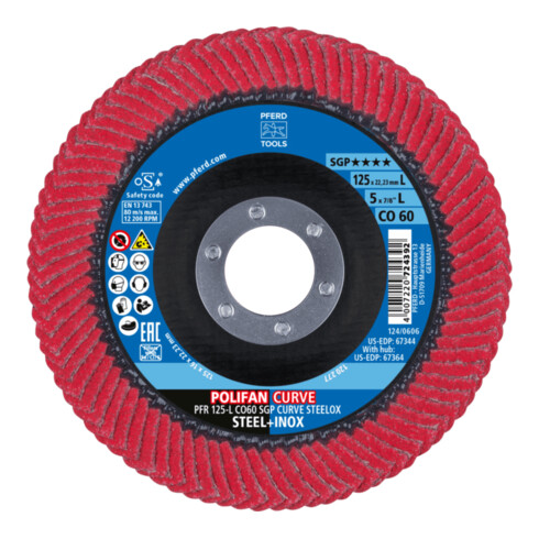 PFERD TOOLS POLIFAN CURVE Fächerscheibe PFR 125x22,23 mm Breite L CO60 SGP STEELOX für Stahl/Edelstahl