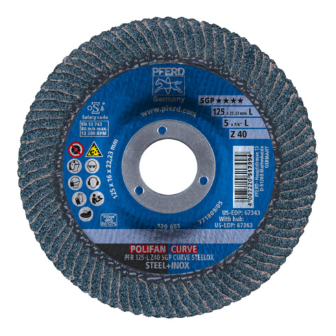 PFERD TOOLS POLIFAN CURVE Fächerscheibe PFR 125x22,23 mm Breite L Z40 SGP STEELOX für Stahl/Edelstahl (10)