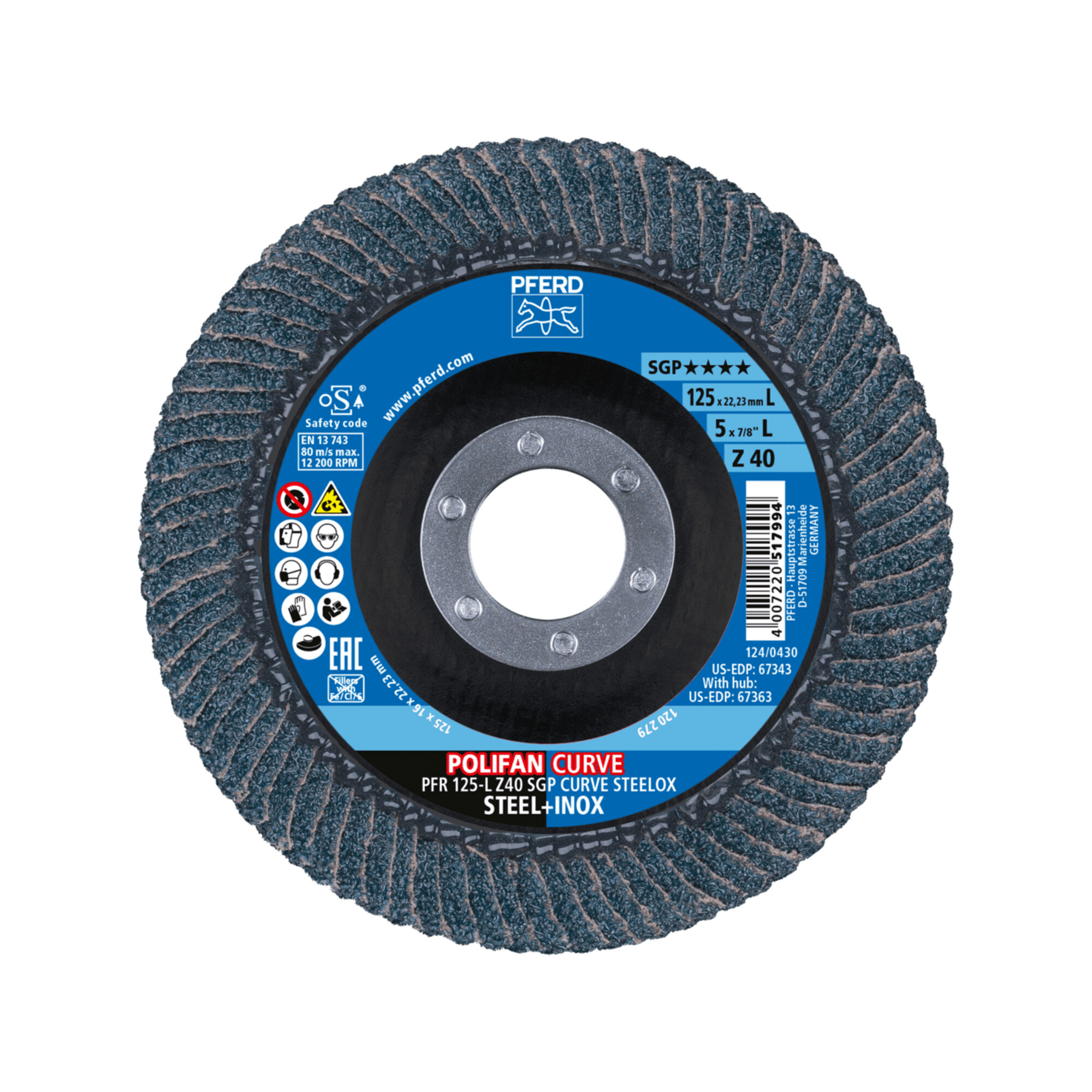 PFERD TOOLS POLIFAN CURVE Fächerscheibe PFR 125x22,23 mm Breite L Z40 SGP STEELOX für Stahl/Edelstahl