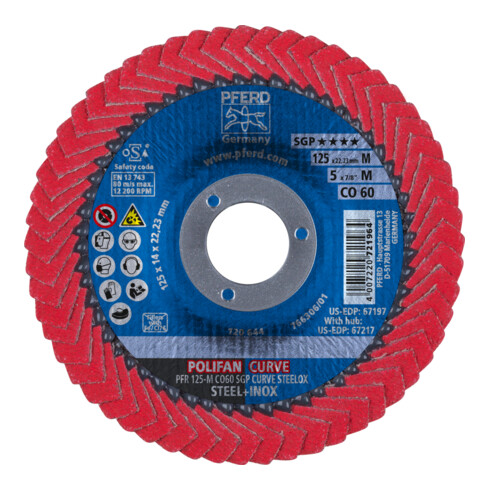 PFERD TOOLS POLIFAN CURVE Fächerscheibe PFR 125x22,23 mm Breite M CO60 SGP STEELOX für Stahl/Edelstahl