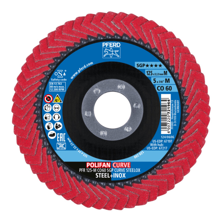 PFERD TOOLS POLIFAN CURVE Fächerscheibe PFR 125x22,23 mm Breite M CO60 SGP STEELOX für Stahl/Edelstahl