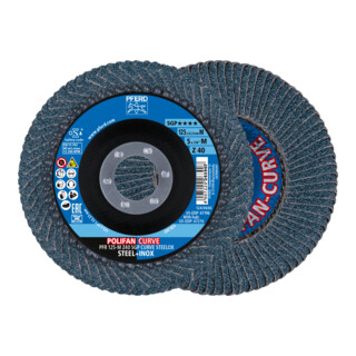 PFERD TOOLS POLIFAN CURVE Fächerscheibe PFR 125x22,23 mm Breite M Z40 SGP STEELOX für Stahl/Edelstahl