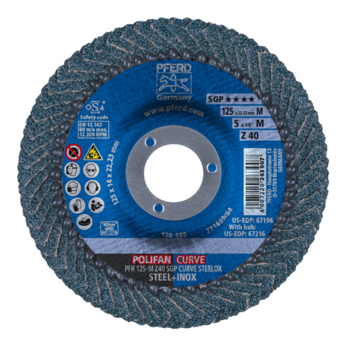 PFERD TOOLS POLIFAN CURVE Fächerscheibe PFR 125x22,23 mm Breite M Z40 SGP STEELOX für Stahl/Edelstahl