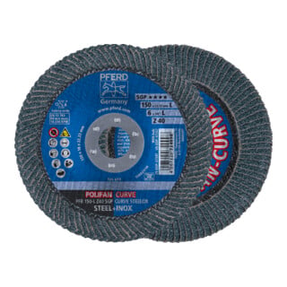 PFERD TOOLS POLIFAN CURVE Fächerscheibe PFR 150x22,23 mm Breite L Z40 SGP STEELOX für Stahl/Edelstahl