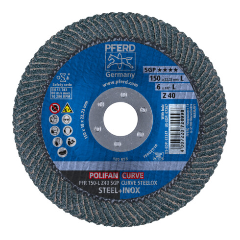 PFERD TOOLS POLIFAN CURVE Fächerscheibe PFR 150x22,23 mm Breite L Z40 SGP STEELOX für Stahl/Edelstahl
