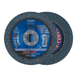 PFERD TOOLS POLIFAN CURVE Fächerscheibe PFR 150x22,23 mm Breite M Z40 SGP STEELOX für Stahl/Edelstahl