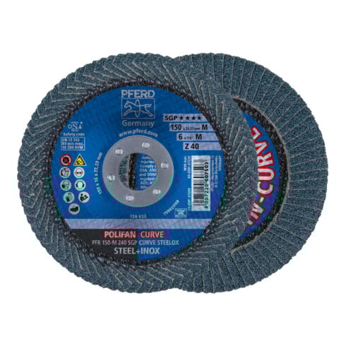 PFERD TOOLS POLIFAN CURVE Fächerscheibe PFR 150x22,23 mm Breite M Z40 SGP STEELOX für Stahl/Edelstahl