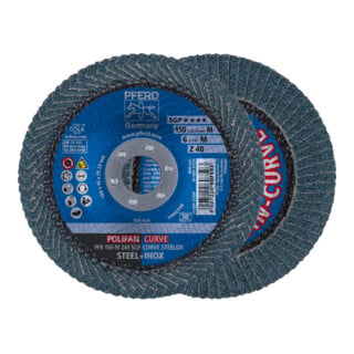 PFERD TOOLS POLIFAN CURVE Fächerscheibe PFR 150x22,23 mm Breite M Z40 SGP STEELOX für Stahl/Edelstahl