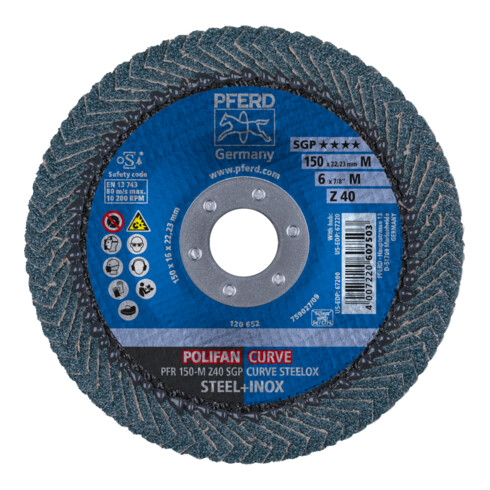 PFERD TOOLS POLIFAN CURVE Fächerscheibe PFR 150x22,23 mm Breite M Z40 SGP STEELOX für Stahl/Edelstahl