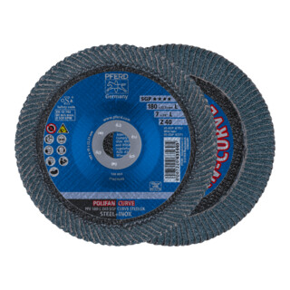 PFERD TOOLS POLIFAN CURVE Fächerscheibe PFR 180x22,23 mm Breite L Z40 SGP STEELOX für Stahl/Edelstahl