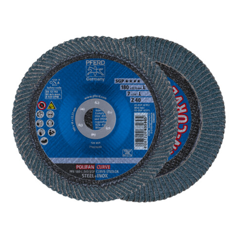 PFERD TOOLS POLIFAN CURVE Fächerscheibe PFR 180x22,23 mm Breite L Z40 SGP STEELOX für Stahl/Edelstahl